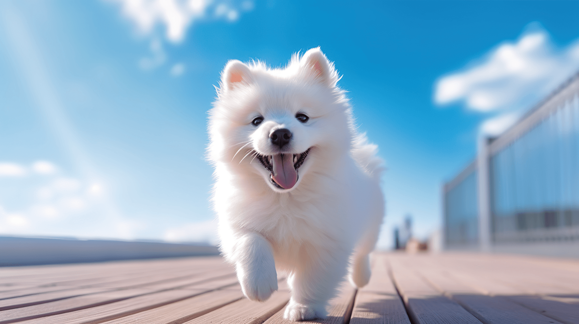 Happy fluffy white puppy walking outdoors